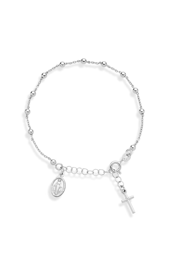 925 Sterling Silver Italian Rosary Cross Bead Charm Link Chain Bracelet for Women, Adjustable, Made in Italy (Length 7 to 8 Inch)