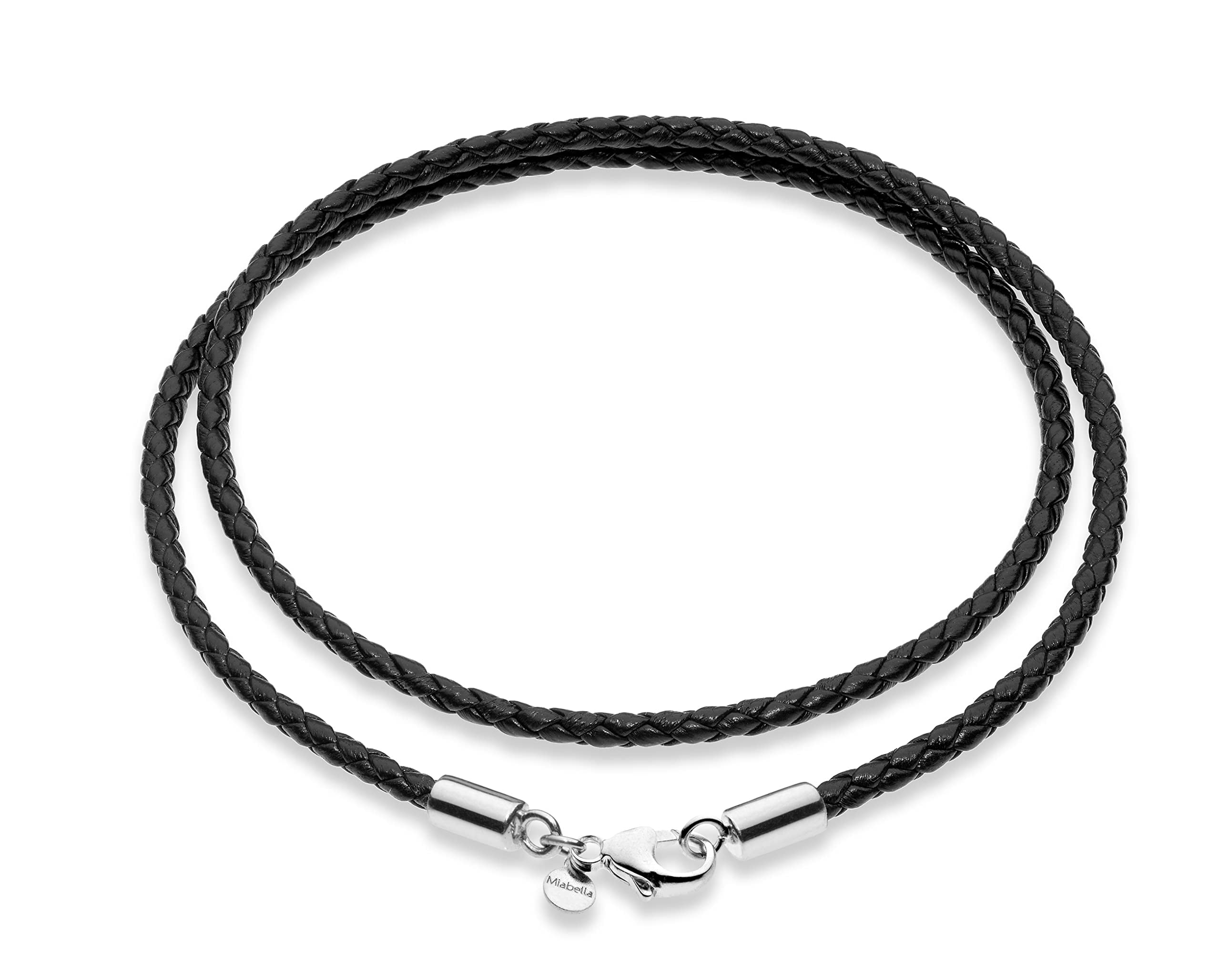 Miabella Genuine 3mm Black Braided Italian Leather Cord Chain Necklace for Men Women with 925 Sterling Silver Clasp, Made in Italy (Length 20 Inches)