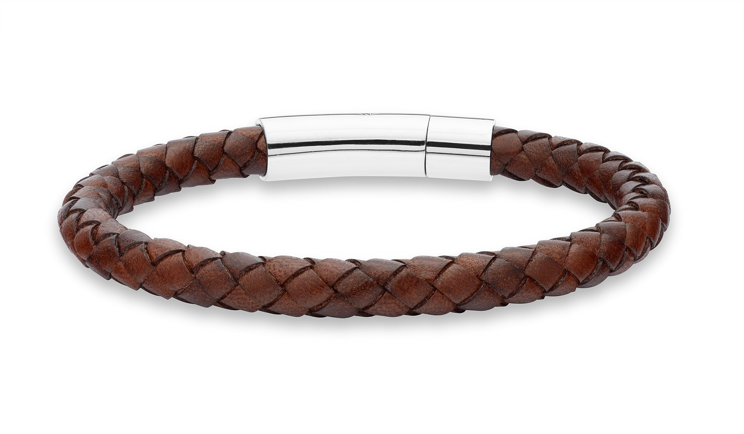 Miabella Genuine Italian Braided Leather Bracelet for Men, Stainless Steel Clasp, Made in Italy (Brown, Large - 9" Length)