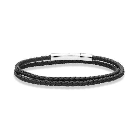 Miabella Genuine Italian Double Wrap Braided Leather Bracelet for Men Women, Stainless Steel Clasp, Made in Italy (Black, Medium - 8" Length)