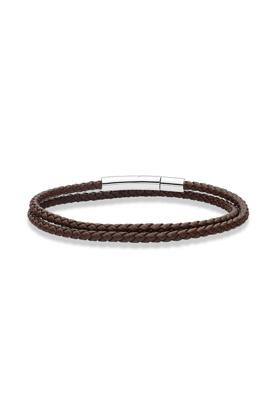 Genuine Italian Double Wrap Braided Leather Bracelet for Men Women, Stainless Steel Clasp, Made in Italy (Brown, Small - 7" Length)