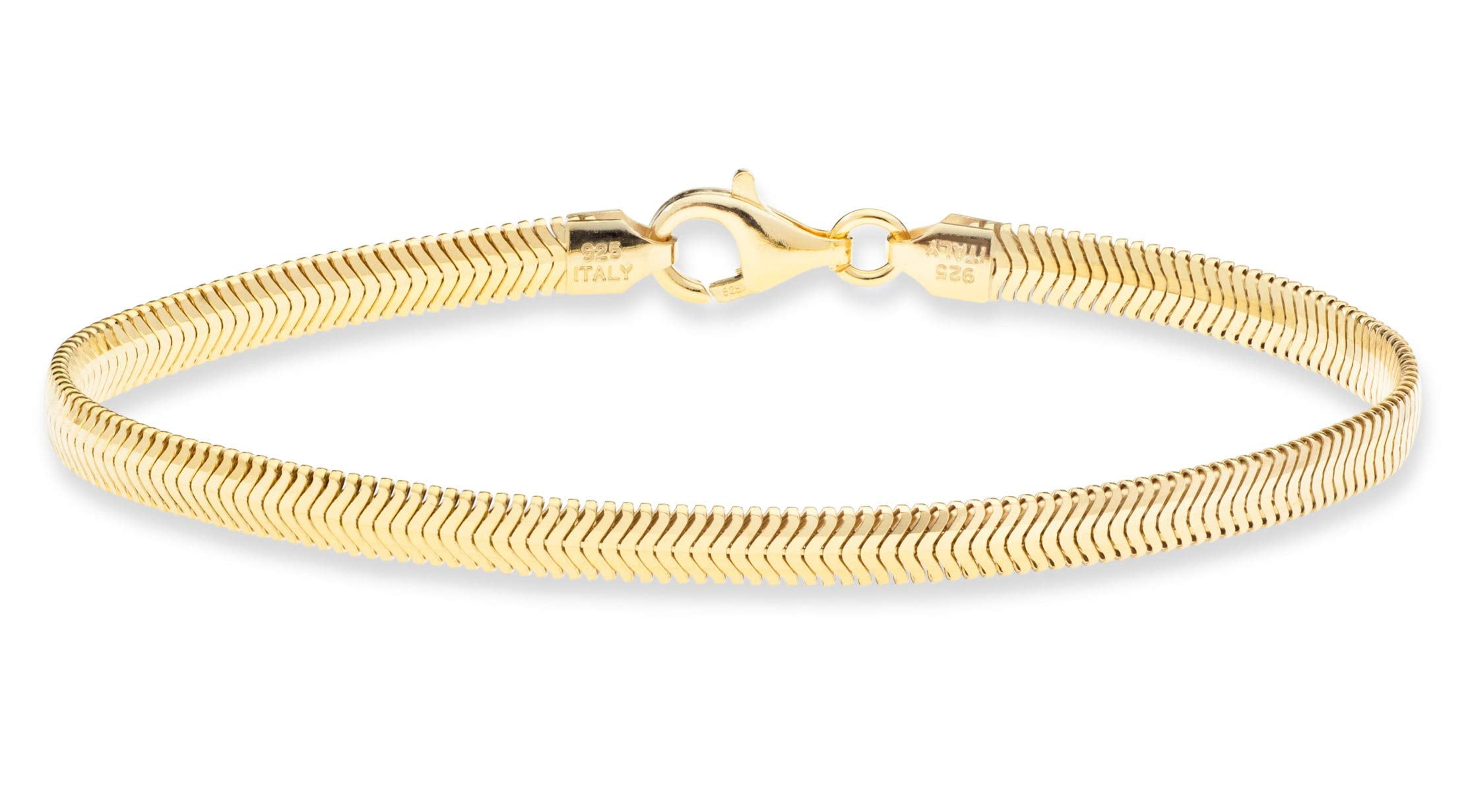 Miabella Italian 18K Gold Over 925 Sterling Silver 4mm Flat Snake Dome Herringbone Chain Link Bracelet for Women Men, Made in Italy (Length 7.0 Inches)