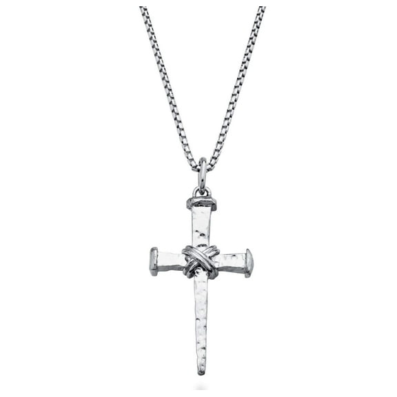 Miabella Italian Rope Wrap Nail Cross Pendant Necklace Box Chain, Rhodium or 18K Yellow Gold Over 925 Sterling Silver Made in Italy (Length 22 Inches, Rhodium-Plated-Silver)