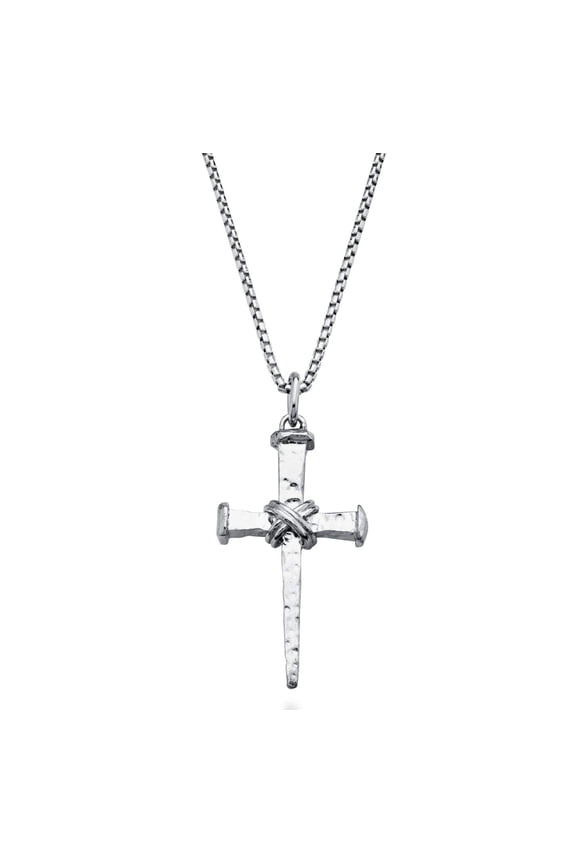 Italian Rope Wrap Nail Cross Pendant Necklace Box Chain, Rhodium or 18K Yellow Gold Over 925 Sterling Silver Made in Italy (Length 26 Inches, Rhodium-Plated-Silver)
