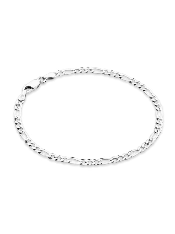 Italian Solid 925 Sterling Silver 3mm Diamond Cut Figaro Chain Bracelet for Women, Made in Italy