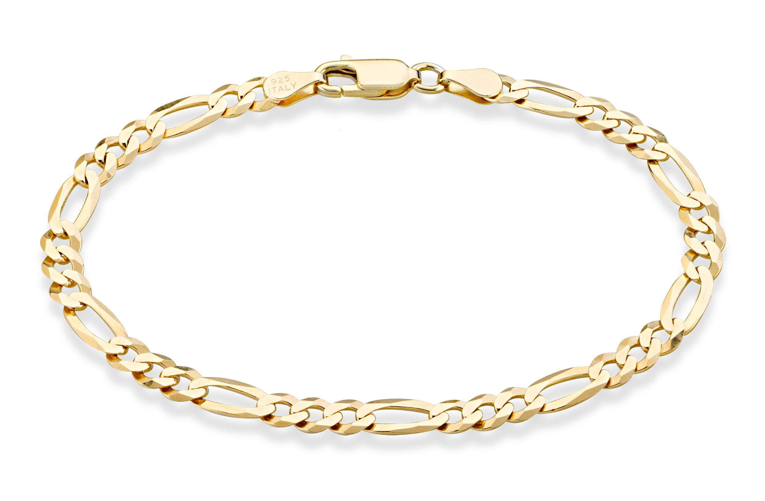 Miabella Solid 18K Gold Over Sterling Silver Italian 5mm Diamond-Cut Figaro Chain Bracelet for Women Men, 925 Made in Italy (Length 8 Inches)