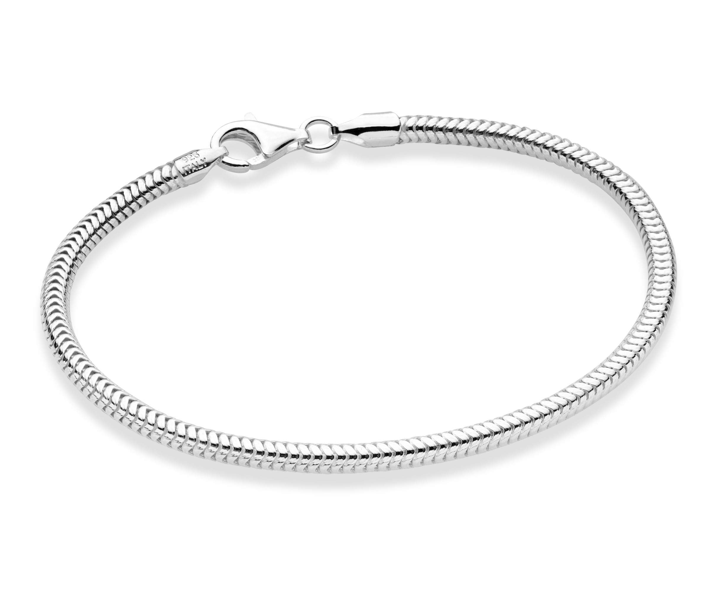 Miabella Solid 925 Sterling Silver Italian 3mm Snake Chain Bracelet for Women Men, Charm Bracelet, Made in Italy (Length 6.5 Inches (XX-Small))