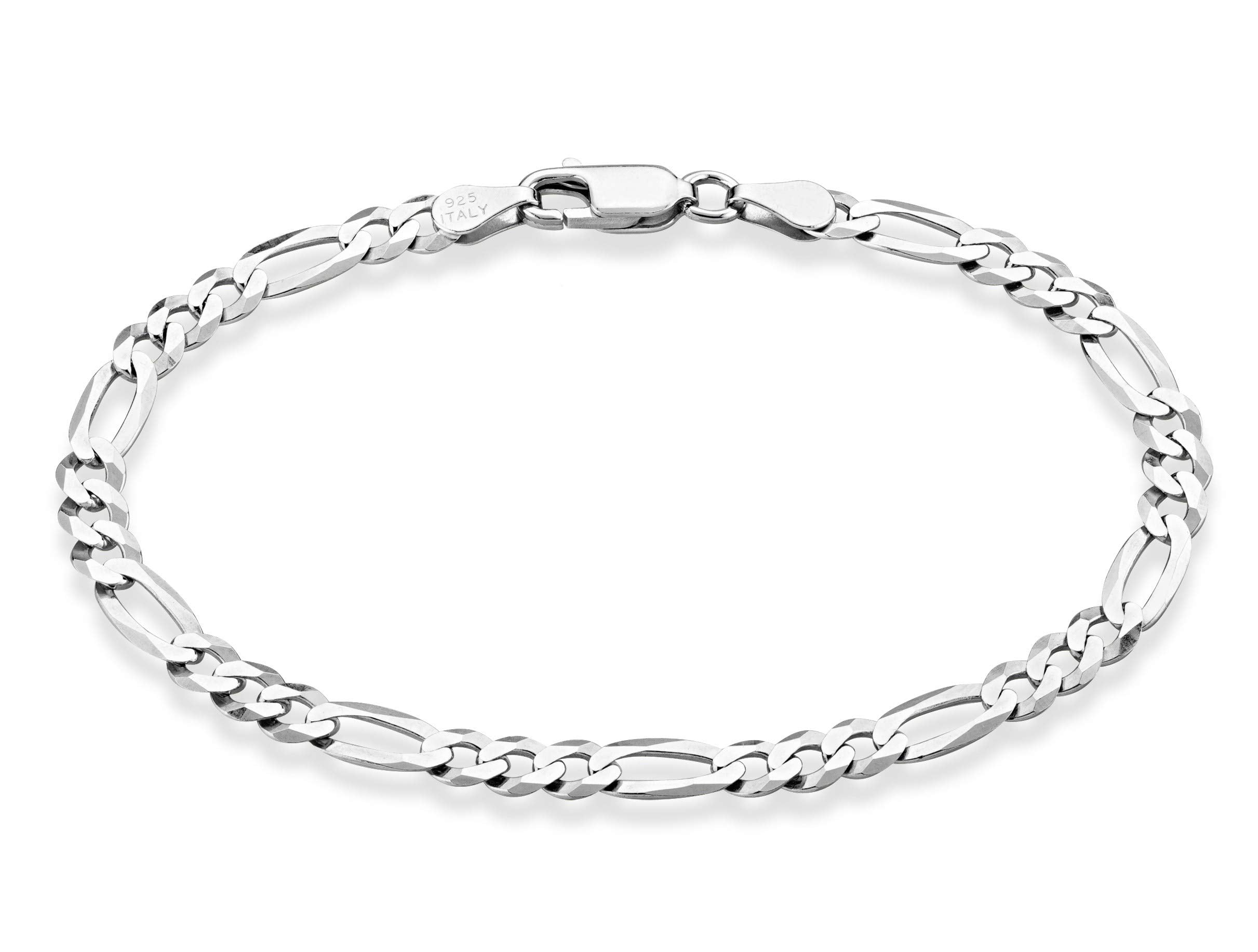 Miabella Solid 925 Sterling Silver Italian 5mm Diamond-Cut Figaro Chain Bracelet for Women Men, Made in Italy (Length 7.5 Inches)