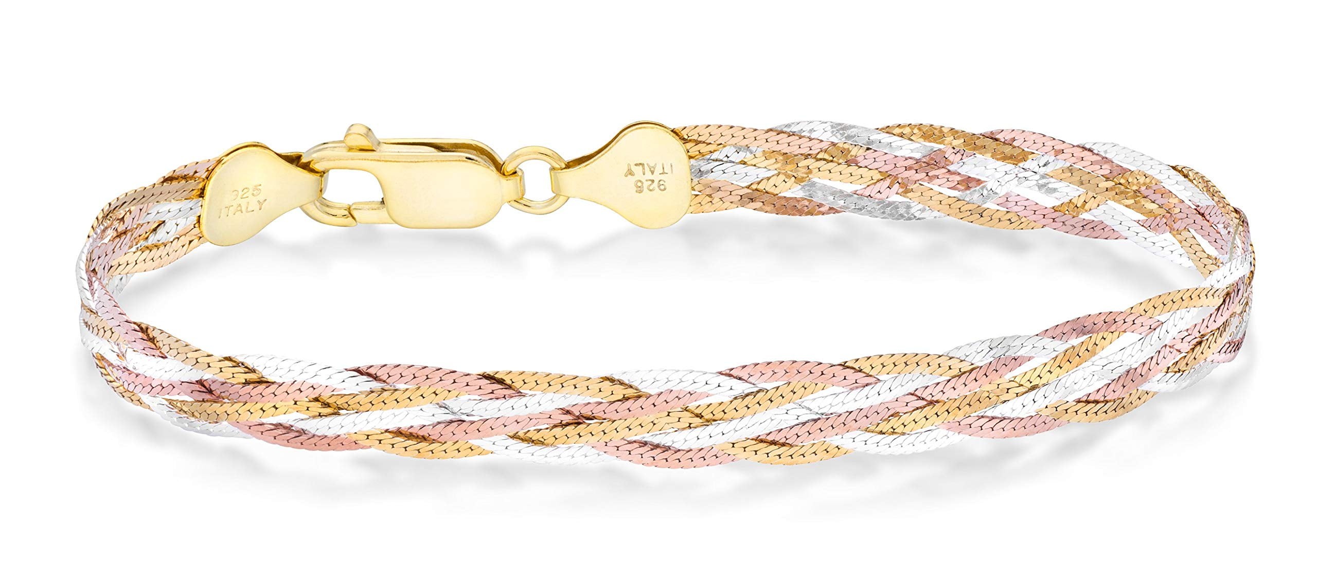 Tri-Color 18K Gold Over 925 Sterling Silver Italian 6-Strand 7mm Braided Herringbone Chain Bracelet for Women, Made in Italy (Length 6.5 Inches)
