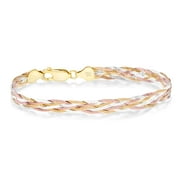 Miabella Tri-Color 18K Gold Over 925 Sterling Silver Italian 6-Strand 7mm Braided Herringbone Chain Bracelet for Women, Made in Italy Length 6.5 Inches