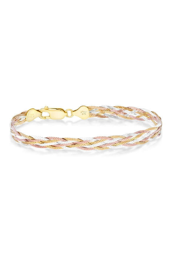 Tri-Color 18K Gold Over 925 Sterling Silver Italian 6-Strand 7mm Braided Herringbone Chain Bracelet for Women, Made in Italy (Length 7.25 Inches)