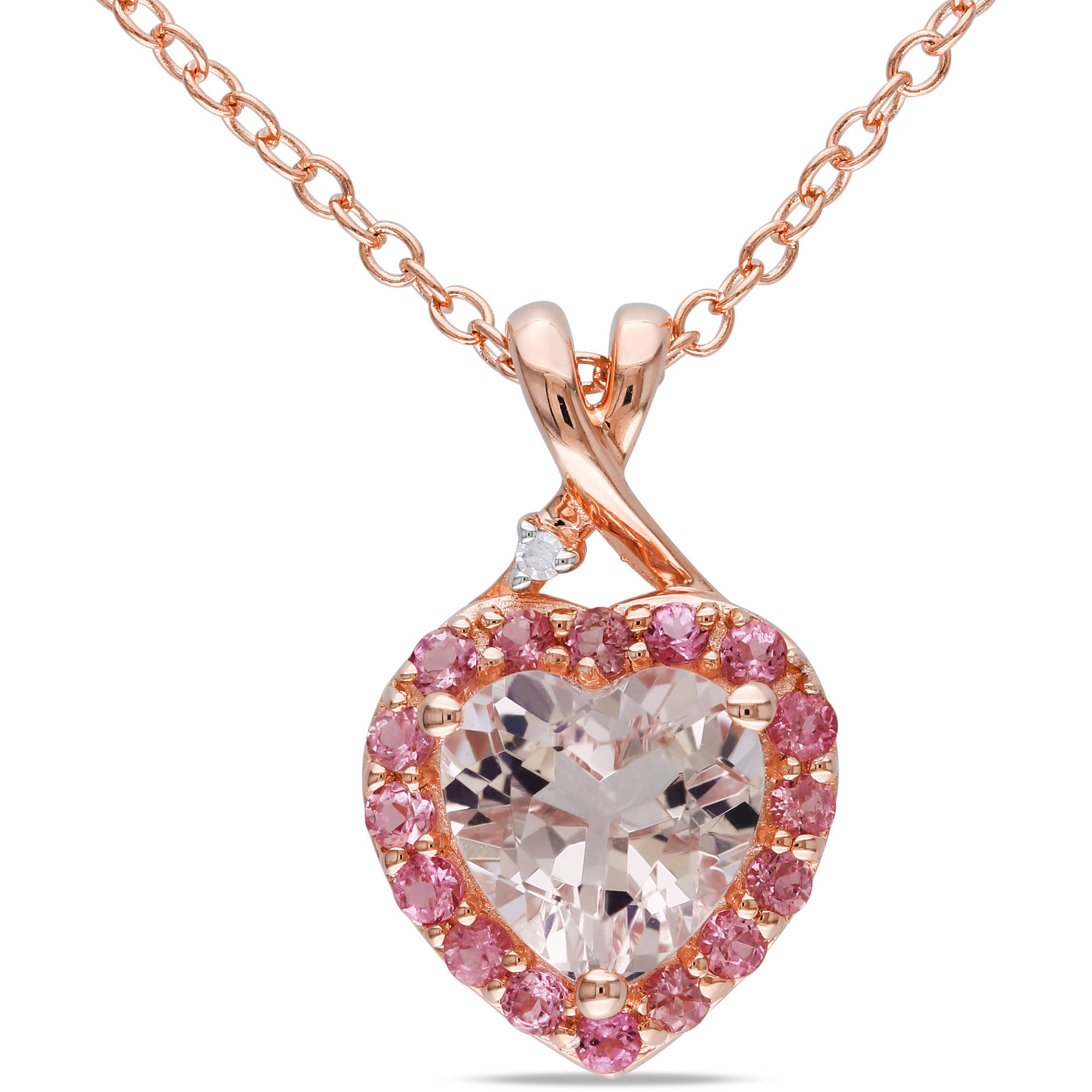 Miabella Women's 1-1/3 Carat T.G.W. Heart-Shape Morganite Round-Cut Pink Tourmaline and Round-Cut Diamond Accent Rose Gold Flash Plated Sterling Silver Halo Heart Pendant with Chain - image 1 of 6