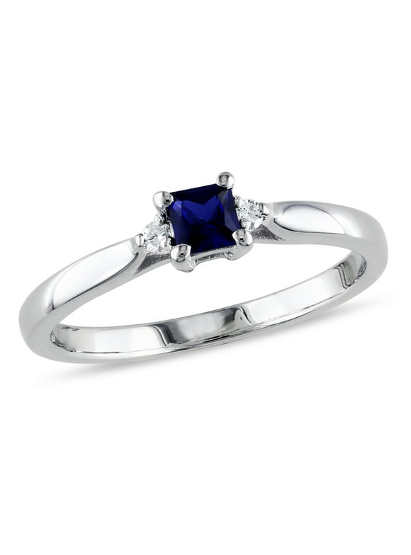 Miabella Women's 1/3 Carat T.G.W. Princess-Cut Created Blue Sapphire and Diamond-Accent Sterling Silver 3-Stone Promise Ring