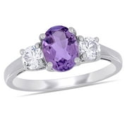 Miabella Women's 1 4/5 Carat T.G.W. Oval-cut Amethyst and Round-Cut Created White Sapphire Sterling Silver Three-Stone Ring