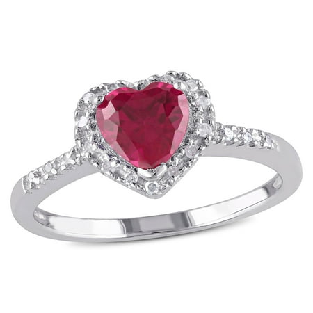 Miabella Women's 1 Carat T.G.W. Created Ruby and 1/10 Carat T.W. Diamond Heart Halo Ring in Sterling Silver