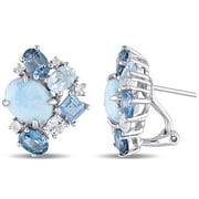 Miabella Women's 10-3/4 Carat T.G.W. Oval and Square-Cut London Blue Topaz, Sky Blue Topaz and Oval Cabochon-Cut Larimar Sterling Silver Stud Earrings