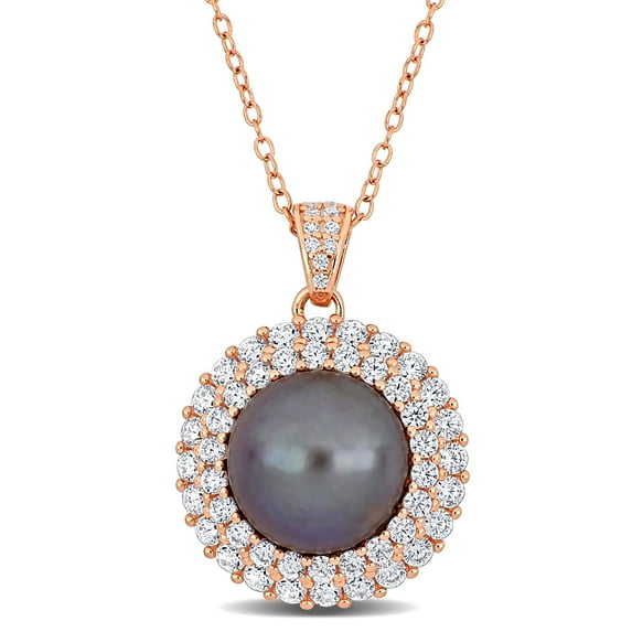 Miabella Women's 11-12mm Purple Cultured Freshwater Pearl 2-3/8 Carat T.G.W. Cubic Zirconia Topaz Rose Gold Flash Plated Sterling Silver Double Halo Pendant with Chain