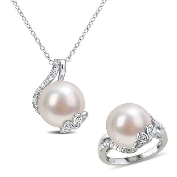 Everly Women's .16CT TW Diamond and 12mm Cultured Pearl Sterling Silver Pendant