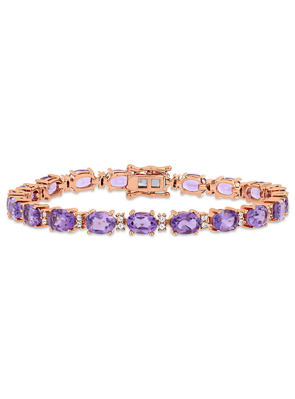 Miabella Women's 14-5/8 Carat T.G.W. Oval-Cut Amethyst and Round-Cut White Sapphire Rose Gold Flash Plated Sterling Silver Tennis Bracelet - 7.25 in