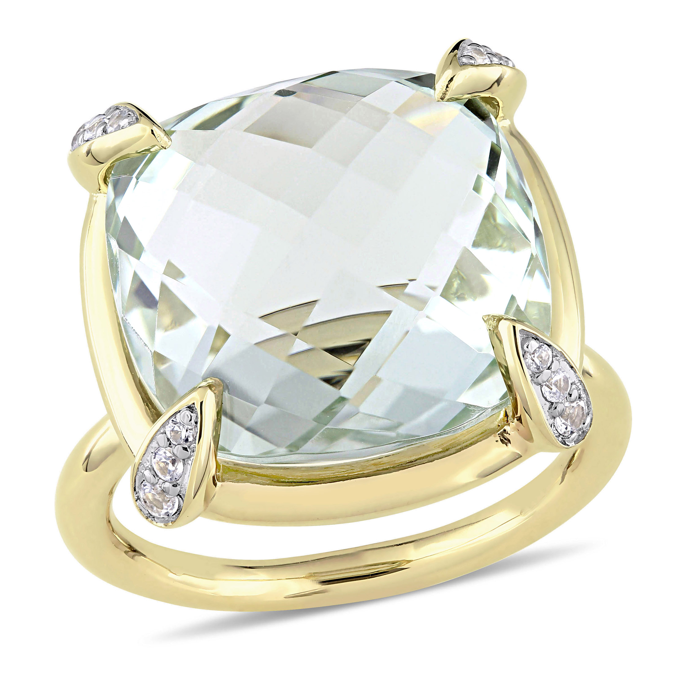 Miabella Women's 15-1/8 Carat T.G.W. Cushion Double Checkerboard-Cut Green Quartz and Round-Cut White Sapphire 14kt Yellow Gold Cocktail Ring - image 1 of 7