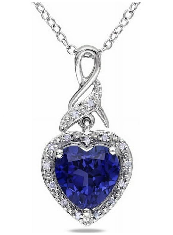 Miabella Women's 2-1/4 Carat T.G.W. Heart-Shape Created Blue Sapphire and Round-Cut Diamond Accent Sterling Silver Halo Heart Pendant with Chain