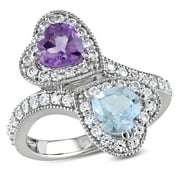 Miabella Women's 2-5/8 Carat T.G.W. Heart-Shape Amethyst Sky Blue Topaz and Created White Sapphire Sterling Silver Double Heart Bypass Ring