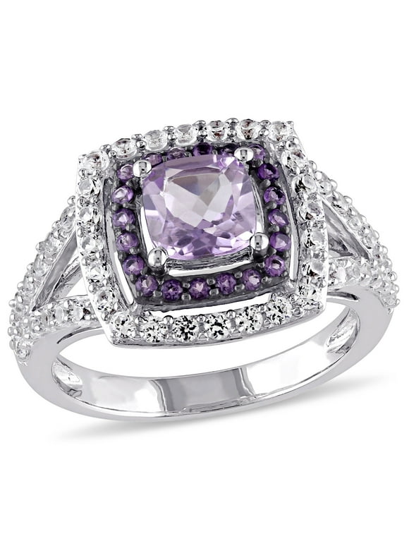 Miabella Women's 2 Carat T.G.W. Cushion-Cut Rose de France African-Amethyst and Created White Sapphire Sterling Silver Double Halo Split Shank Ring