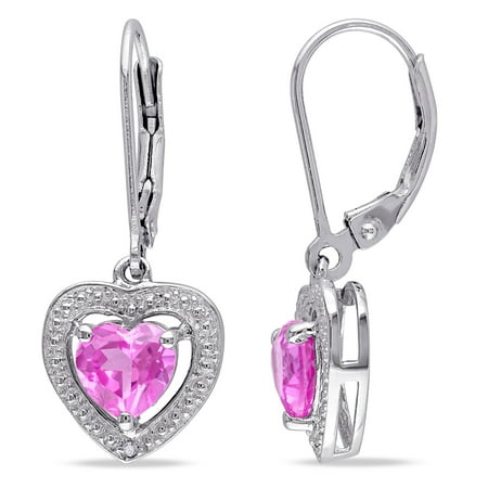 Miabella Women's 2 Carat T.G.W. Heart-Shape Created Pink Sapphire and Round-Cut Diamond Accent Sterling Silver Halo Drop Earrings