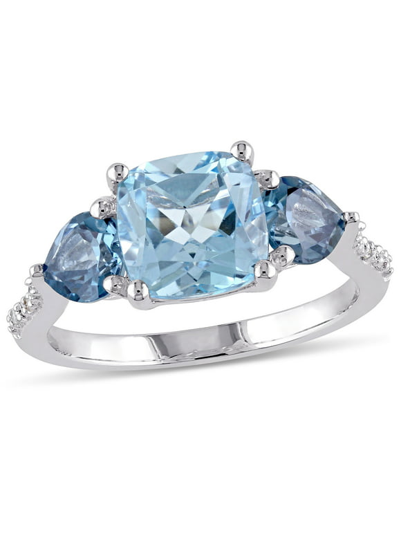 Miabella Women's 3-1/2 Carat T.G.W. Cushion and Heart-Cut Sky & London Blue Topaz and Diamond Accent Sterling Silver 3-Stone Ring