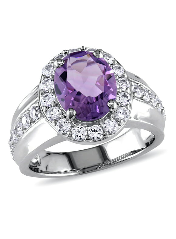 Miabella Women's 3-3/4 Carat T.G.W. Oval-Cut Amethyst and Created White Sapphire Sterling Silver Halo Wide Band Ring