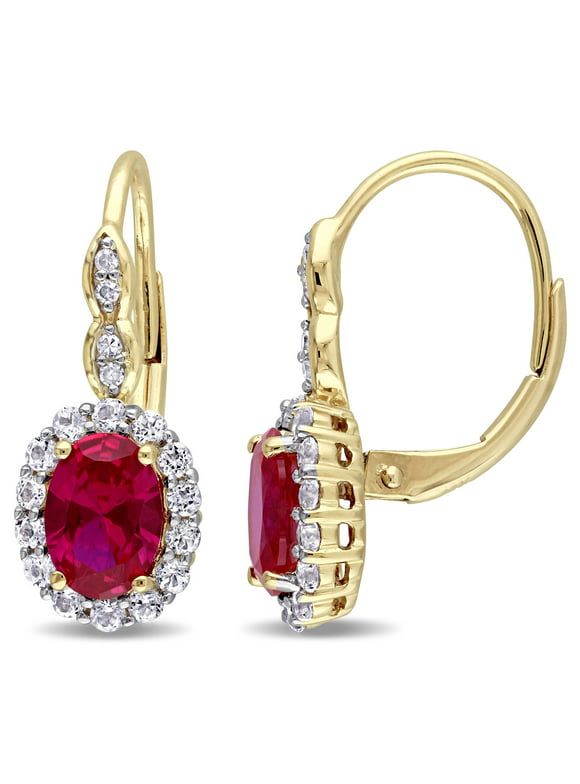 Miabella Women's 3-3/8 Carat T.G.W. Oval-Cut Created Ruby Round-Cut White Topaz and Round-Cut Diamond Accent 14kt Yellow Gold Halo Leverback Earrings