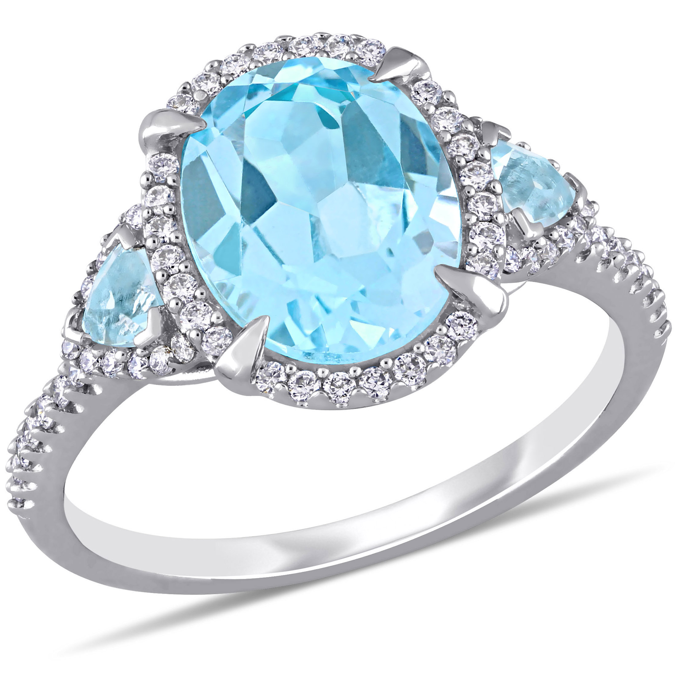 Miabella Women's 4 Carat T.G.W. Oval-Cut and Trilliant-Cut Sky Blue Topaz and 1/4 Carat T.W. Round-Cut Diamond 14kt White Gold Halo Ring - image 1 of 8