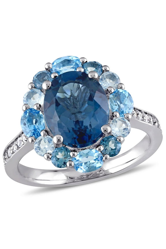 Women's 5 3/8 Carat T.G.W Round-cut and Oval-cut London-Blue Topaz, Round-Cut White Topaz, Oval-cut Swiss-Blue Topaz, Round-Cut Sky-Blue Topaz Sterling Silver Mosaic Cocktail Ring