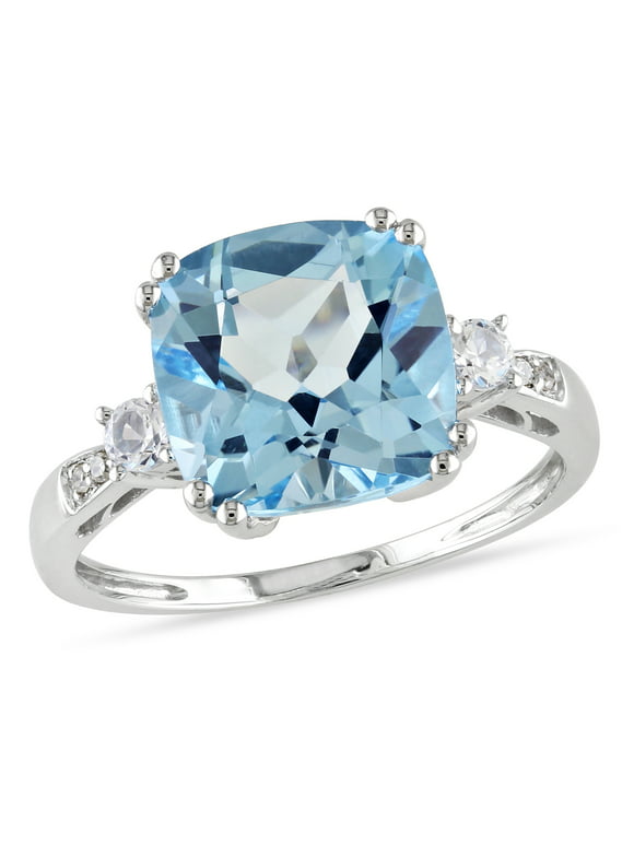 Miabella Women's 5-5/8 Carat T.G.W. Cushion-Cut Sky Blue Topaz Created White Sapphire and Diamond Accent 10kt White Gold Cocktail Ring