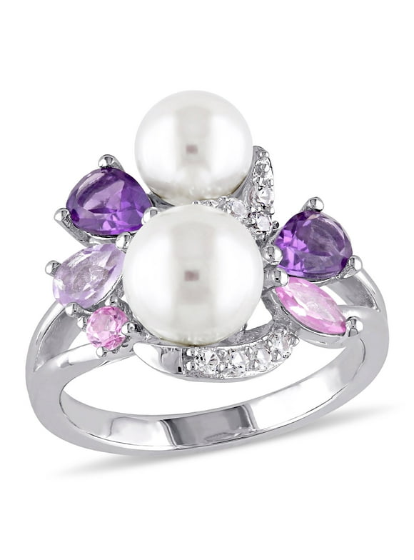 Miabella Women's 6.5-7mm Freshwater Cultured Pearl 1-3/8 Carat T.G.W. Amethyst Rose de France and Created Pink & White Sapphire Sterling Silver Cluster Cocktail Ring