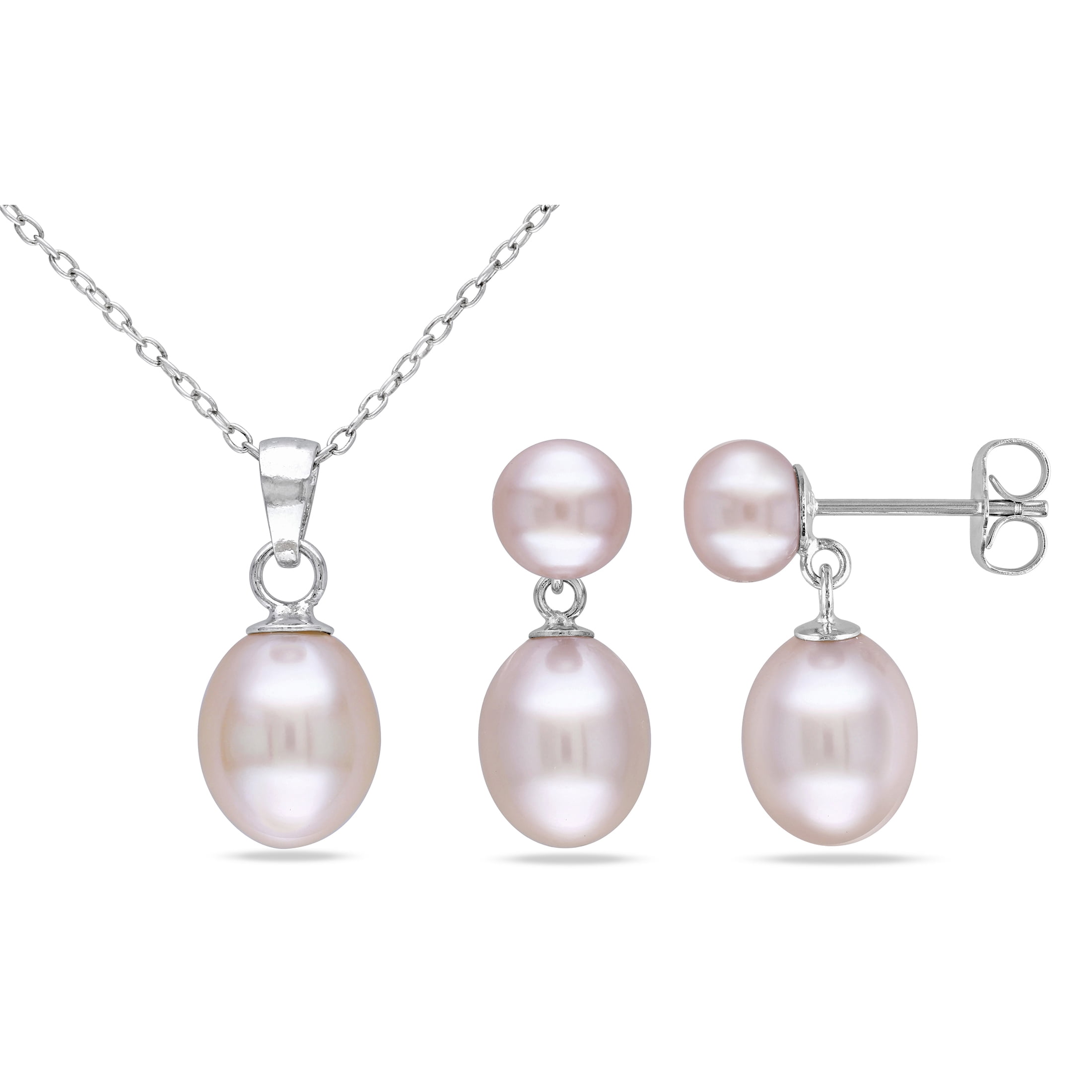 Miabella Women's 8-8.5mm Cultured Freshwater Rice Pearl and Button Pearl  Sterling Silver Drop Necklace & Earrings Set