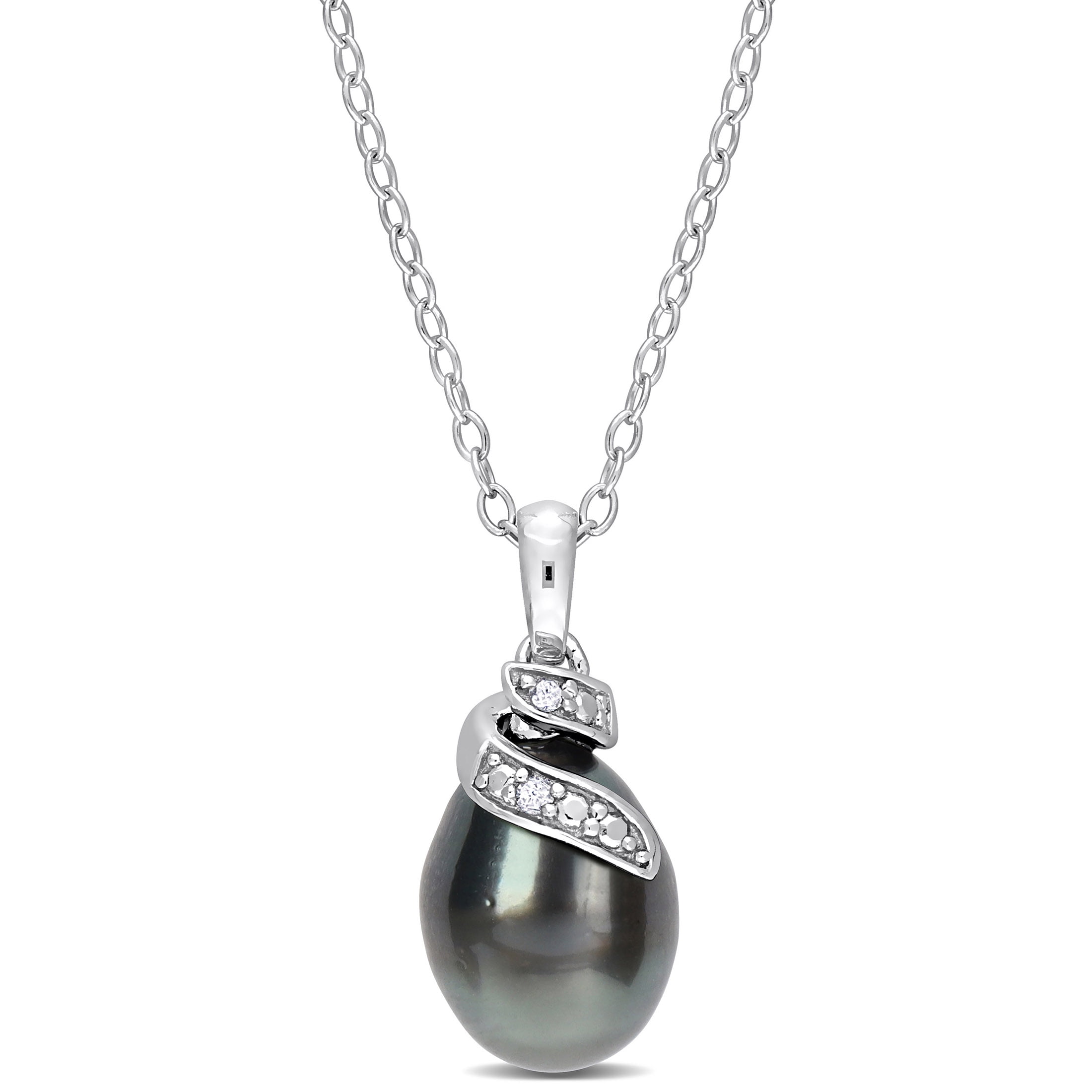 Miabella Women's 8-9mm Black Tahitian Cultured Freshwater Pearl and Diamond  Accent Sterling Silver Swirl Pendant with Chain