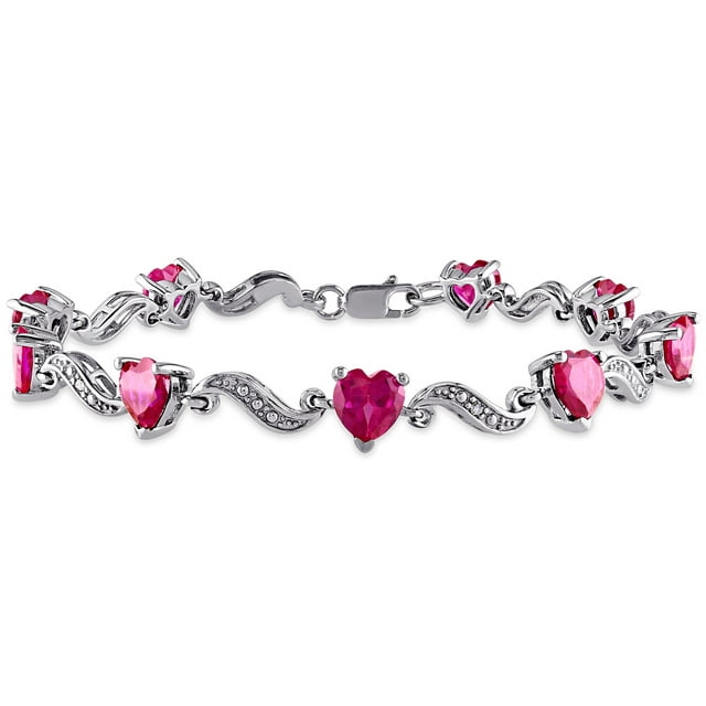 Miabella Women's 9-1/10 Carat T.G.W. Heart-Shape Created Ruby and Round-Cut Diamond Accent Sterling Silver S-Link Bracelet