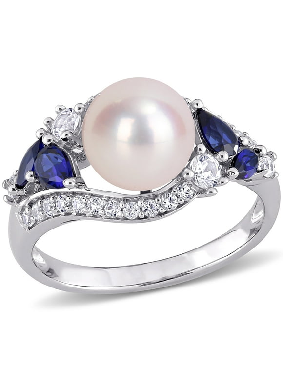 Miabella Women's Cultured Freshwater Pearl Created Sapphire 10kt White Gold Cocktail Ring