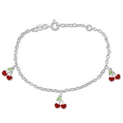 Miabella Women's Sterling Silver Rolo Chain Station Bracelet with Cherry Charm