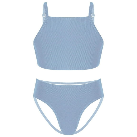 Miaeowve Big Girls 2 Piece Fashion Swimsuit Sport Solid Bikini Tankini Set Spaghetti Straps Crop Tops Blue 8