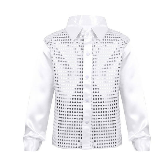 Miaeowve Boys Hip Hop Dance Shirts Jazz Modern Dancing T-Shirt Sequin Long Sleeve Choir Stage Performance Tops White 150