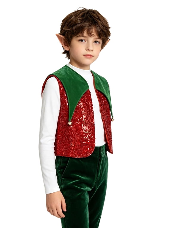 Boys Sequin Vest Sleeveless Open Front Christmas Waistcoat with Pointed Collar Elf Xmas Party Top Red 4