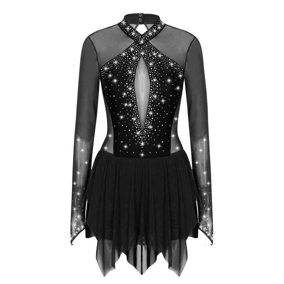 Miaeowve Figure Ice Skating Dress for Women Mesh Sheer Rhinestones Roller Skating Leotard Dress Black M