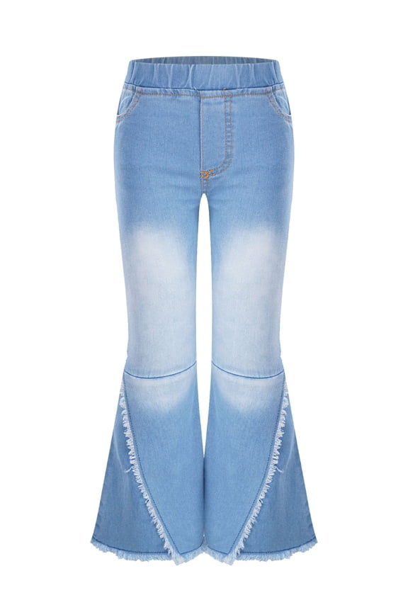 Girl's Ripped Flare Jeans Raw Hem Bell Bottom Elastic Waist Denim Trousers Casual Loose Fit Light Blue 6