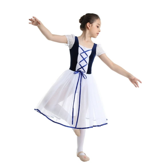 Miaeowve Girls Bubble Sleeve Ballet Dance Dress Princess Tutu Skirted Leotard Gymnastics Ice Skating Dresses Navy Blue XXL