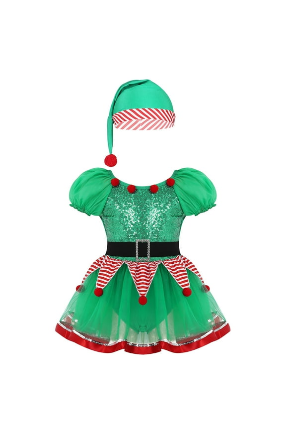 Girls Christmas Elf Costume Mesh Tutu Dance Leotard Dress Xmas Party Performance Outfits Green 4T