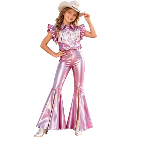 Miaeowve Girls Cowboy Outfit Cowgirl Fringe Shirt Top and Metallic Flare Pants Set for Stage Performance Pink 6