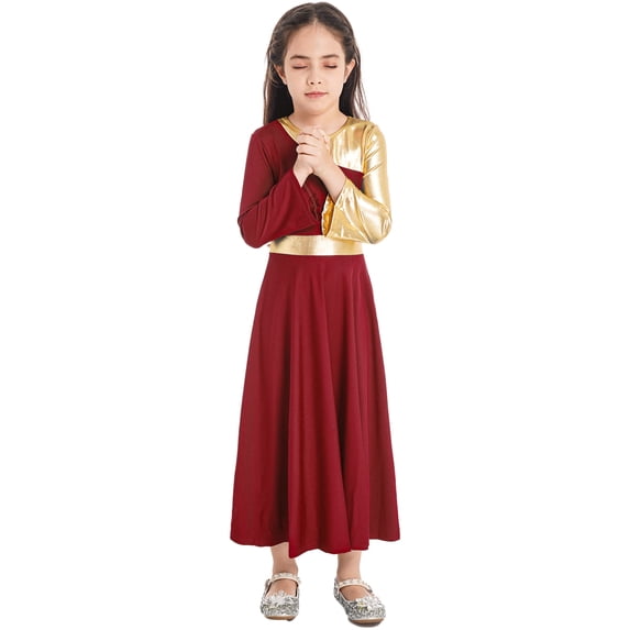 Miaeowve Girls Metallic Gold Color Block Praise Dance Dress Liturgical Church Lyrical Worship Dance Red 14