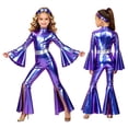 thumbnail image 1 of Miaeowve Girls Metallic Long Sleeve Flared Jumpsuits 70s Party Outfit Disco Hippie Fancy Dress Up Blue 6, 1 of 7